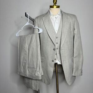 Vintage Custom Tailored Tweed 38L 32W Mens 3 Piece Suit Beige‎ Stripe